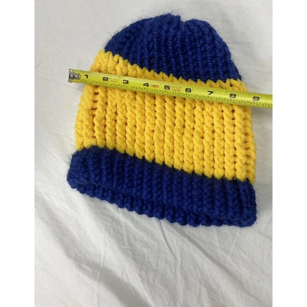 Handmade Knitted Hats Blue And Gold Cream And Brown Stretch Michigan Colors